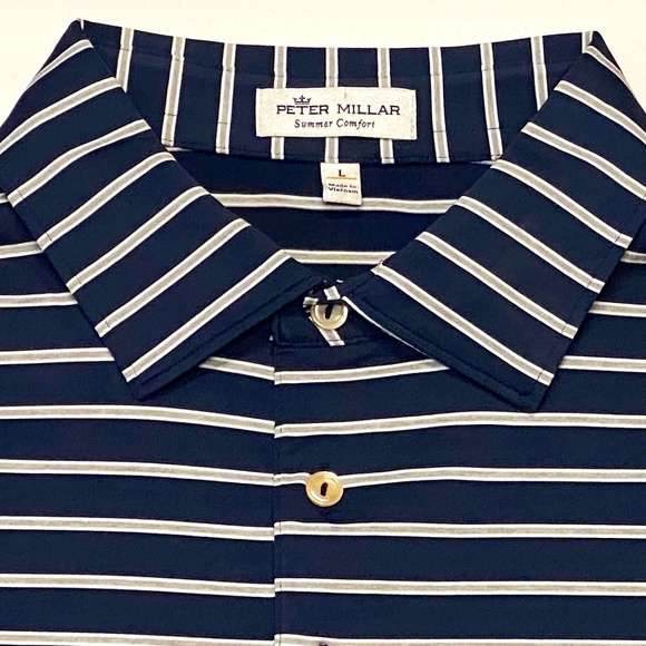 Peter Millar Navy and White Striped Polo Shirt - Picture 2 of 5